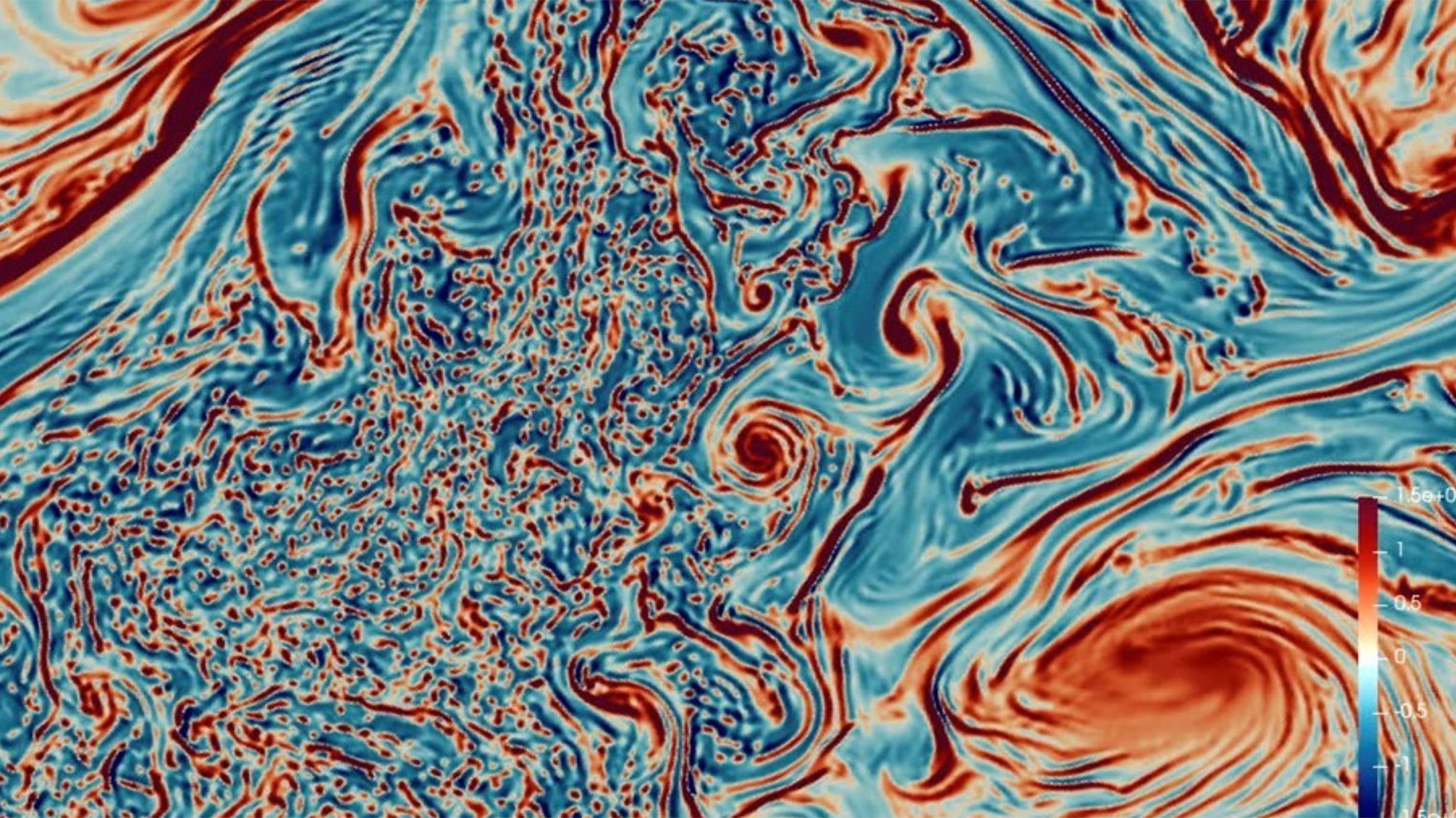 « Vorticité relative sur vorticité planétaire » dans la région du Gulf stream. L'image est un gros plan d'une simulation globale avec le modèle de circulation générale des océans ICON-O de l'Institut Max-Planck de météorologie. Océan, climat, odyssey, étienne mémin